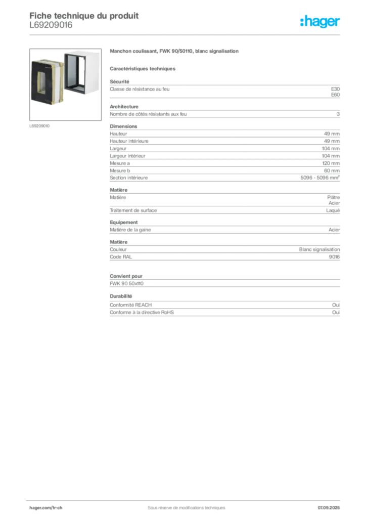 Image Hager Fiche technique du produit L69209016 | Hager Suisse