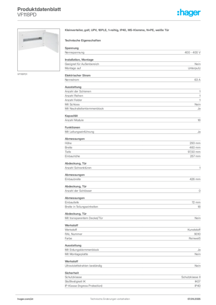 Bild Hager Produktdatenblatt VF118PD | Hager Deutschland