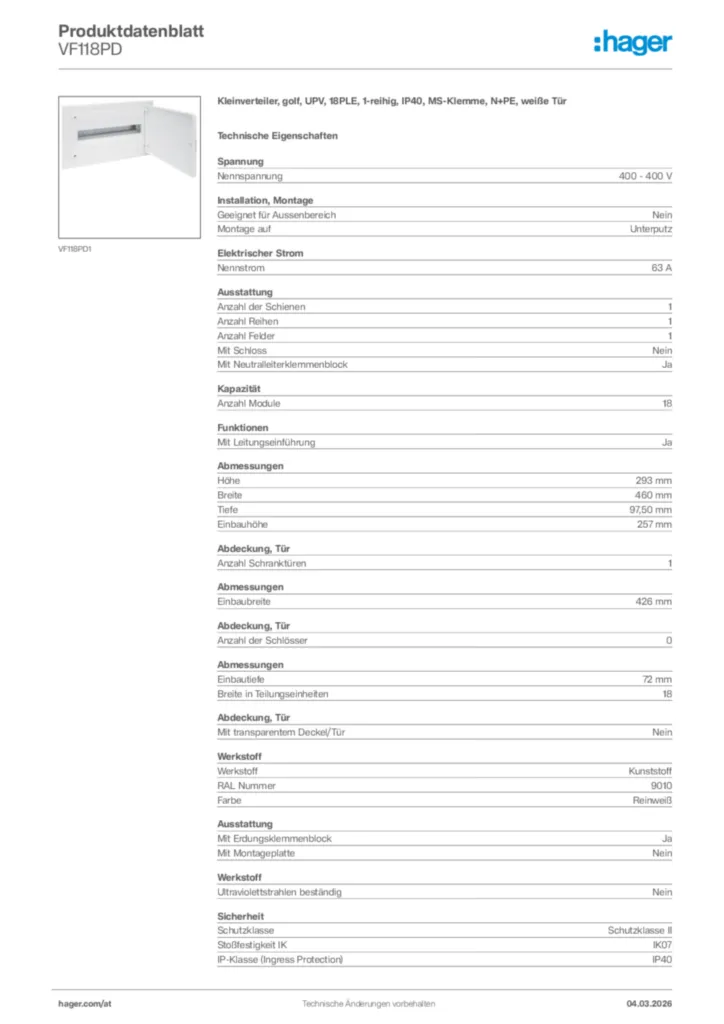Bild Hager Produktdatenblatt VF118PD | Hager Deutschland