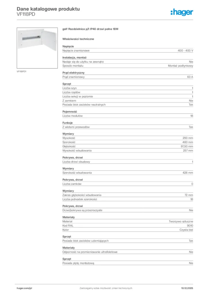 Zdjęcie Hager Dane katalogowe produktu VF118PD | Hager Polska