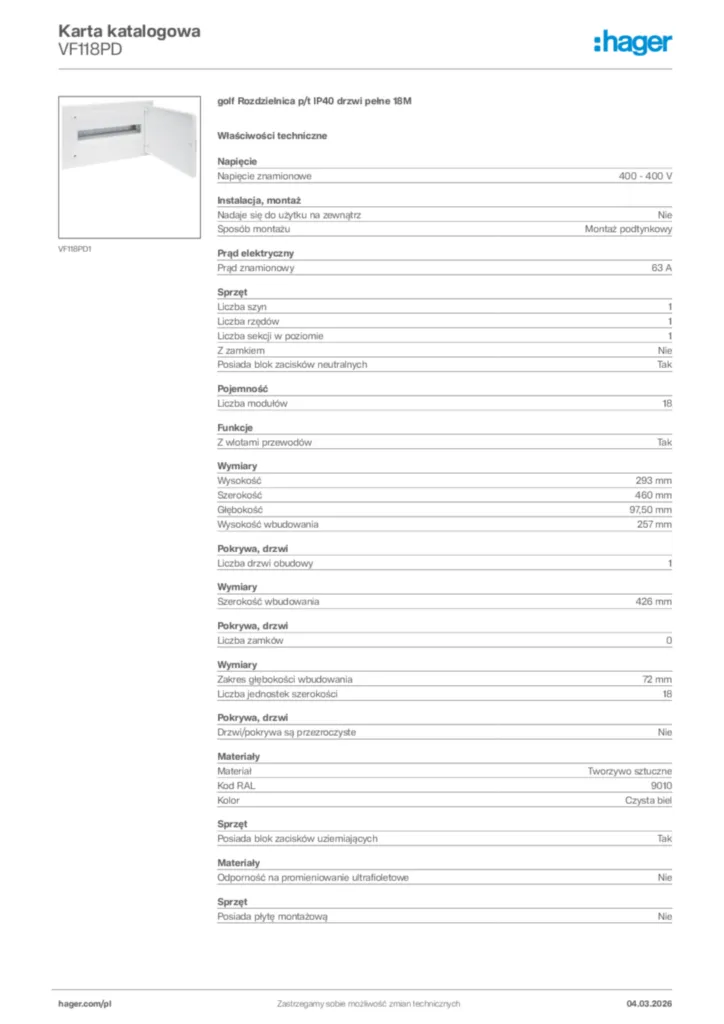 Zdjęcie Hager Karta katalogowa VF118PD | Hager Polska