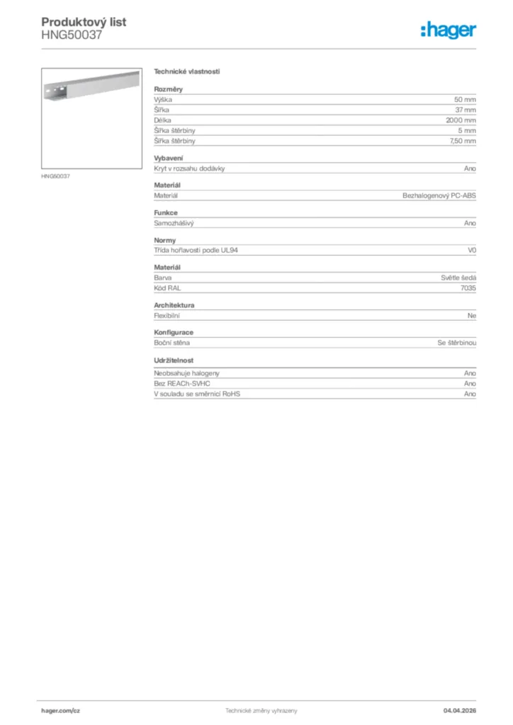 Obrázek Hager Product data sheet HNG50037 | Hager