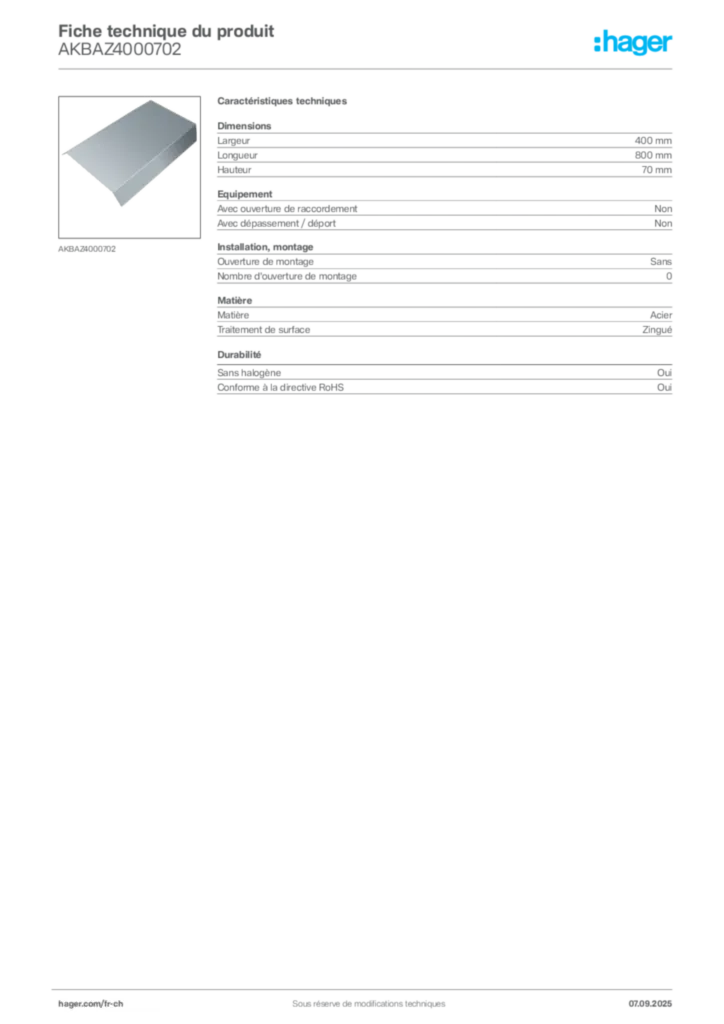 Image Hager Fiche technique du produit AKBAZ4000702 | Hager Suisse