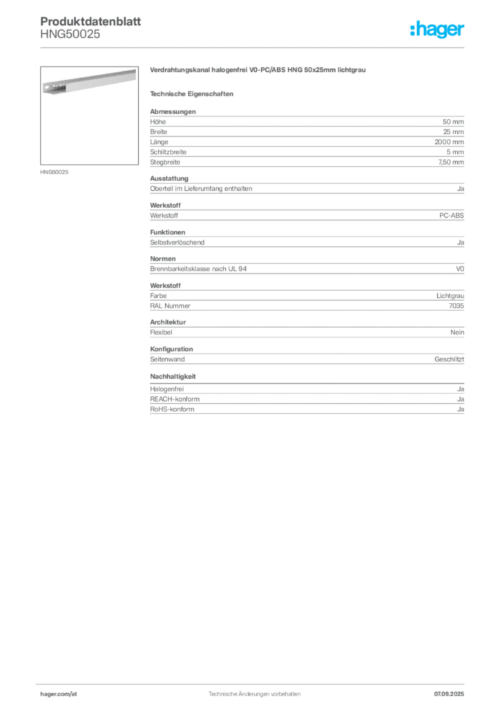 Bild Hager Produktdatenblatt HNG50025 | Hager Deutschland