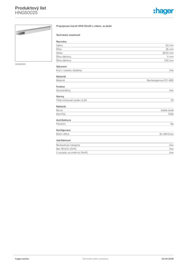 Obrázek Hager Product data sheet HNG50025 | Hager