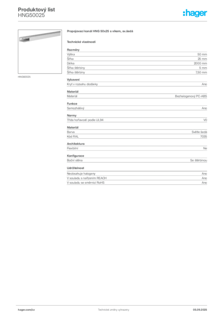 Obrázek Hager Produktový list HNG50025 | Hager