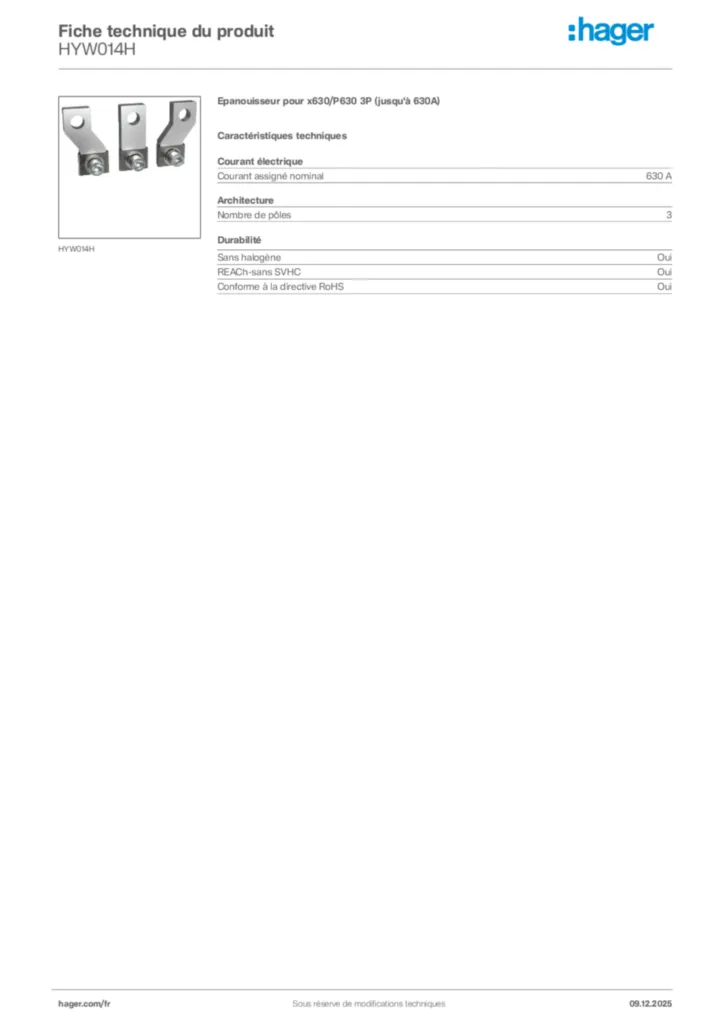 Image Hager Fiche technique du produit HYW014H | Hager France