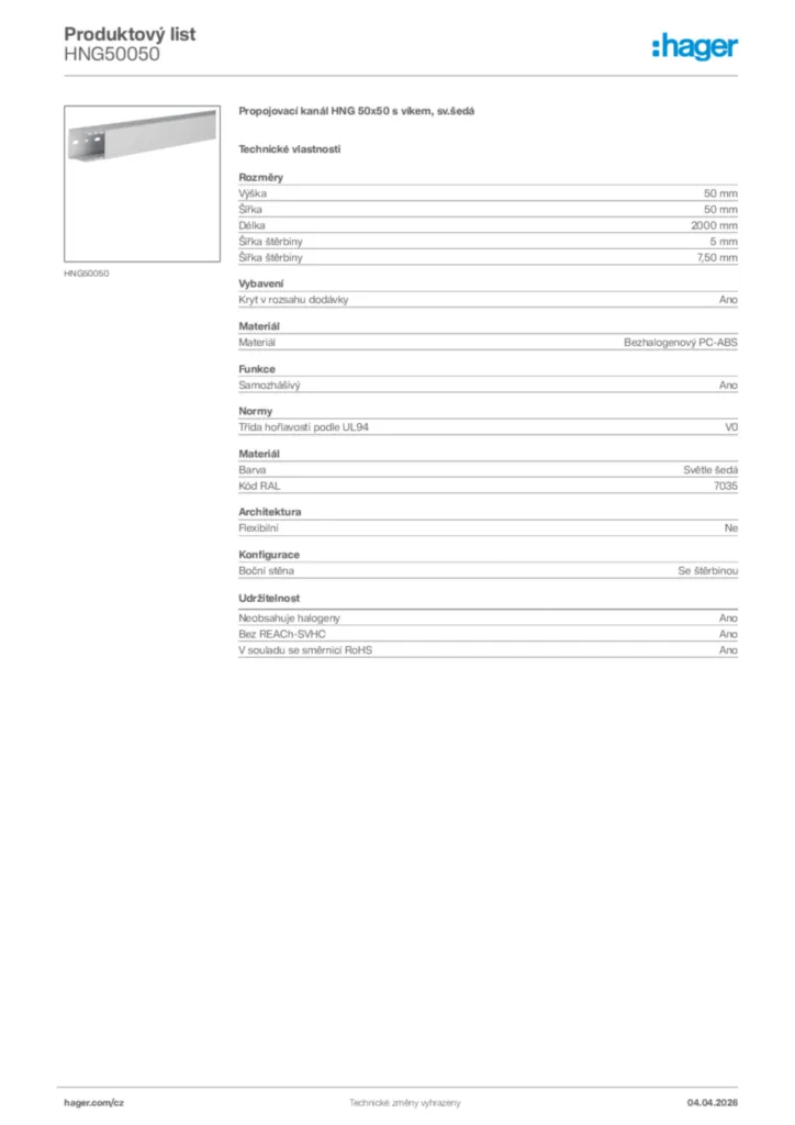 Obrázek Hager Product data sheet HNG50050 | Hager