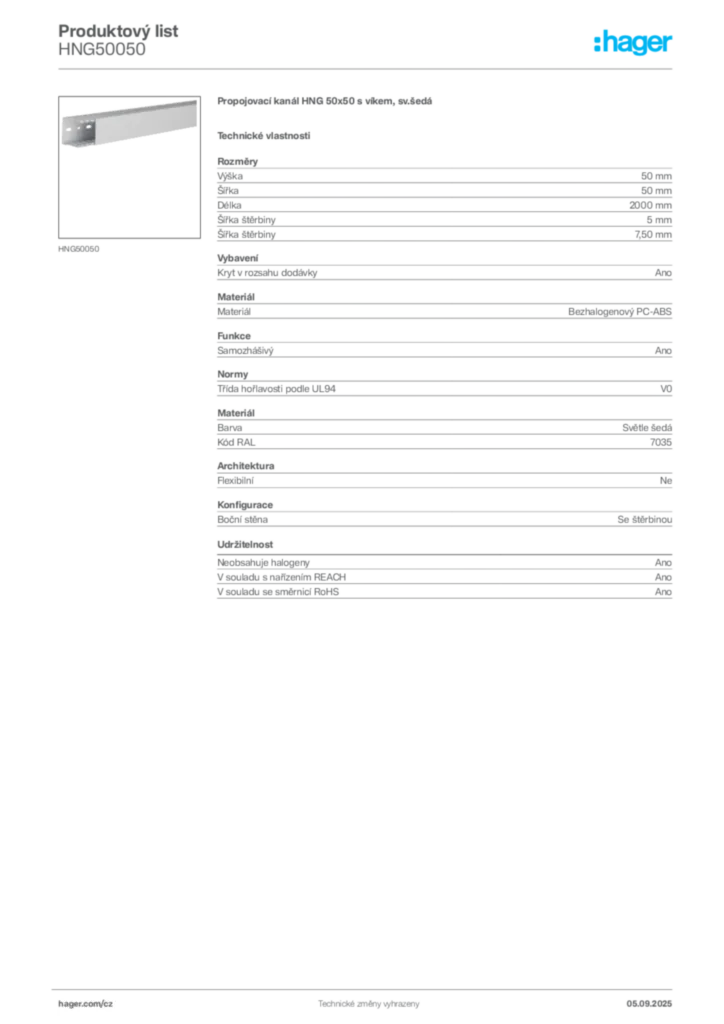 Obrázek Hager Produktový list HNG50050 | Hager