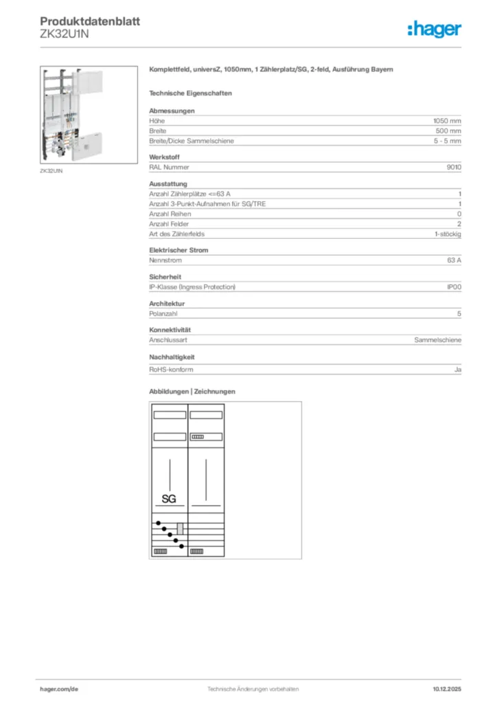 Bild Hager Produktdatenblatt ZK32U1N | Hager Deutschland