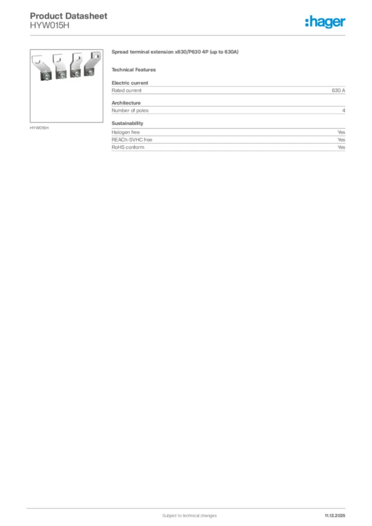 Image Hager Product data sheet HYW015H  | Hager Africa