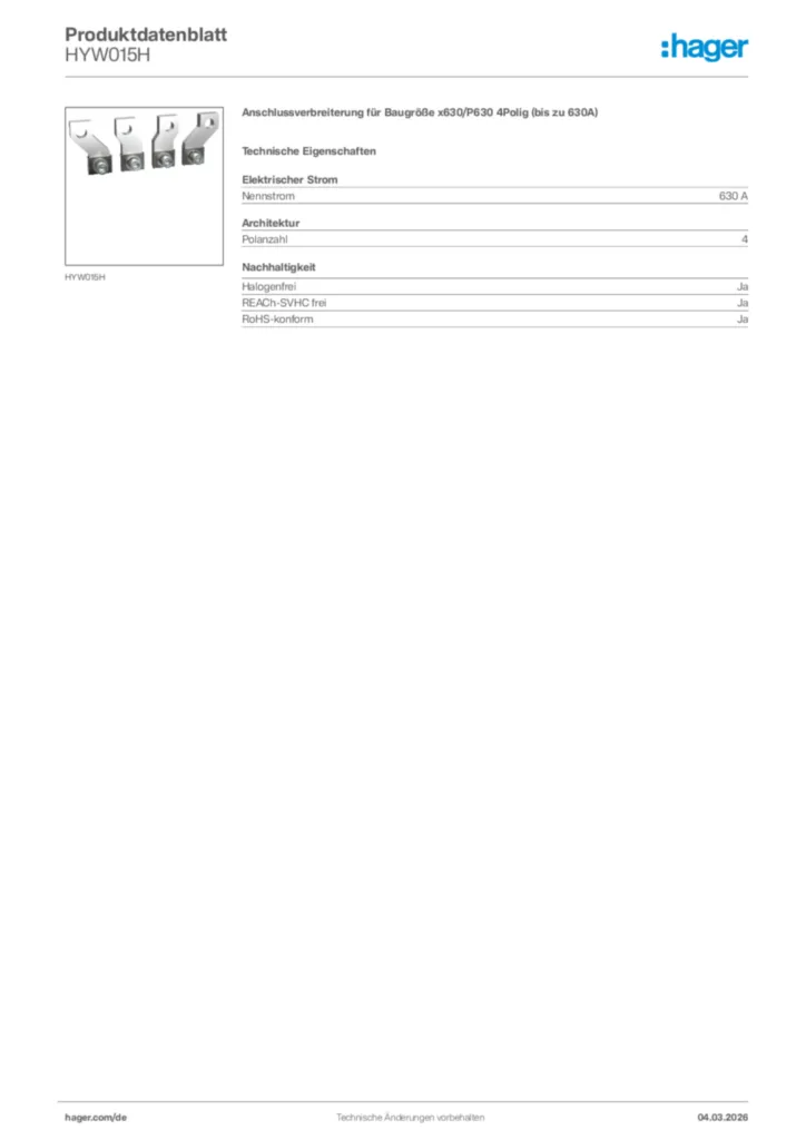 Bild Hager Produktdatenblatt HYW015H | Hager Deutschland