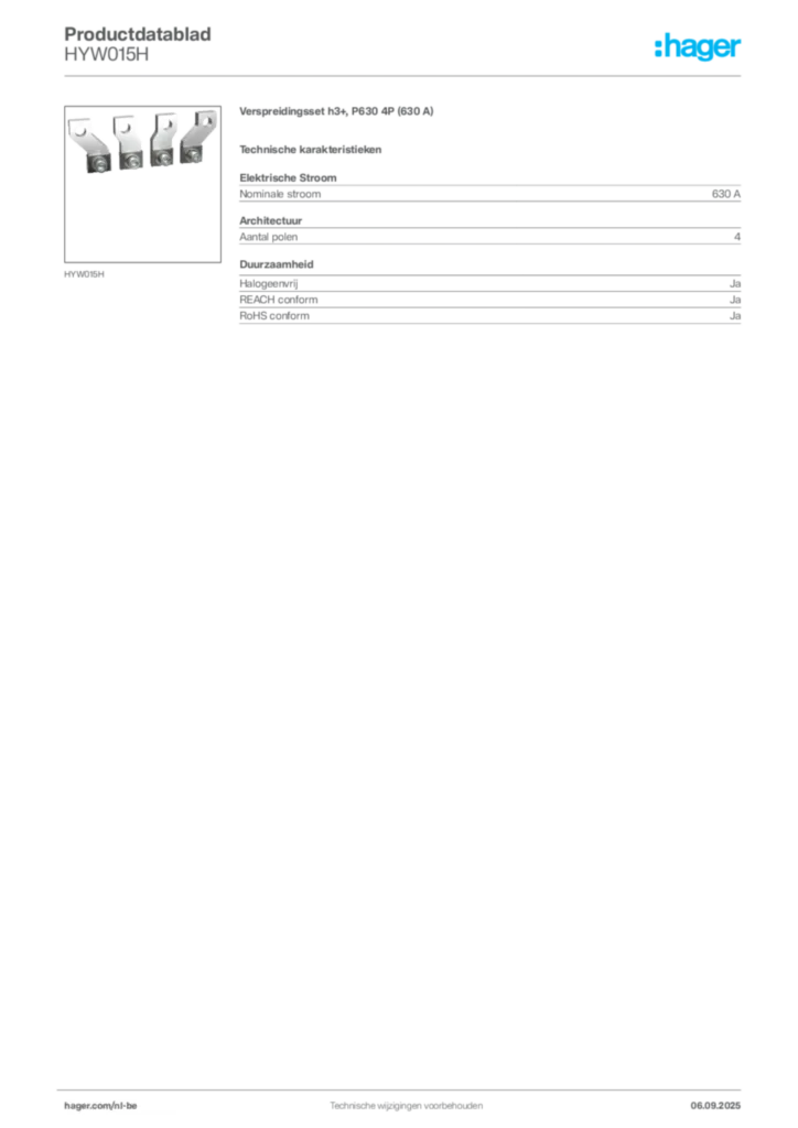 Afbeelding Hager Productdatablad HYW015H | Hager Belgium