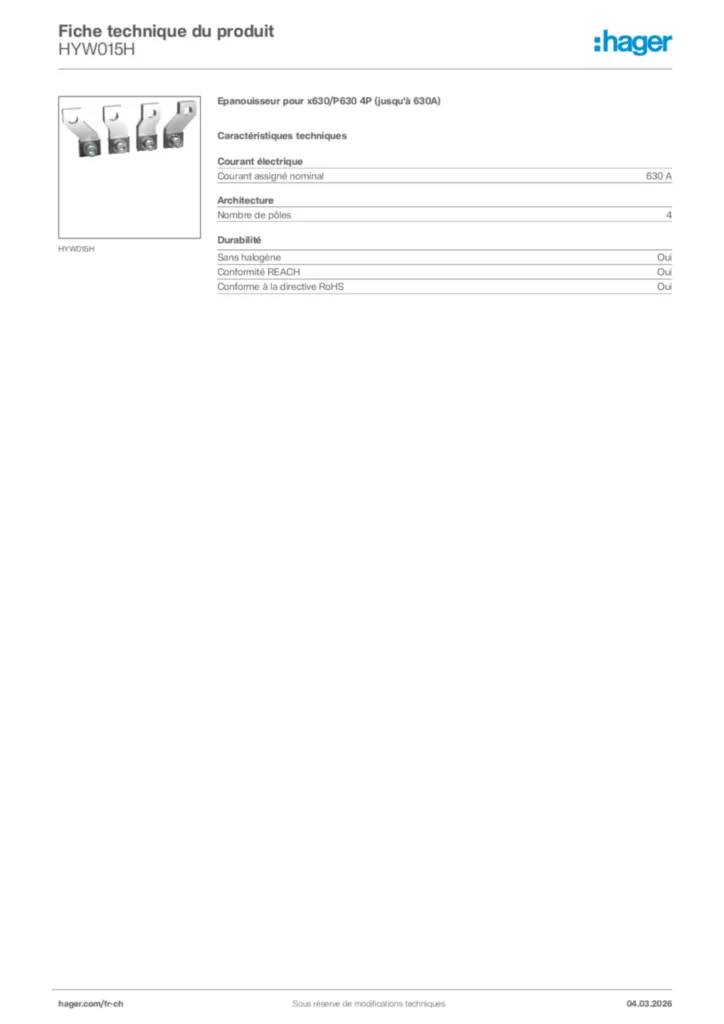 Image Hager Fiche technique du produit HYW015H | Hager Suisse