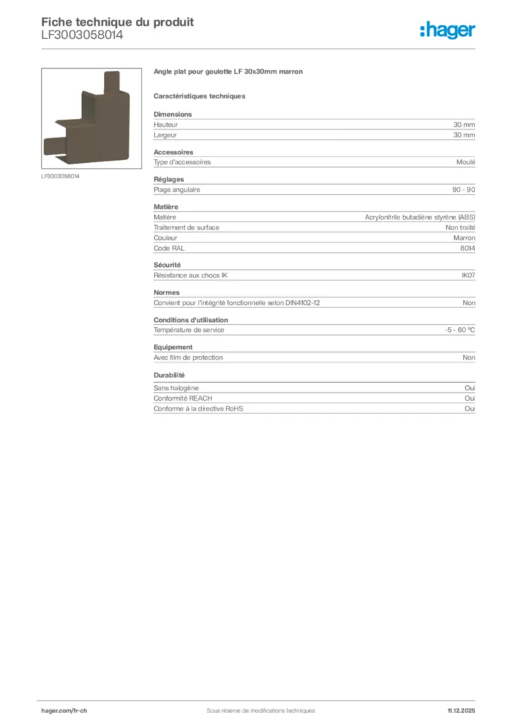 Image Hager Fiche technique du produit LF3003058014 | Hager Suisse