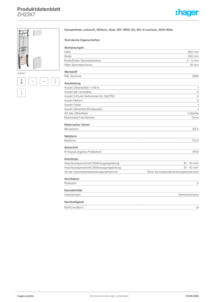 Bild Hager Produktdatenblatt ZH23X7 | Hager Deutschland