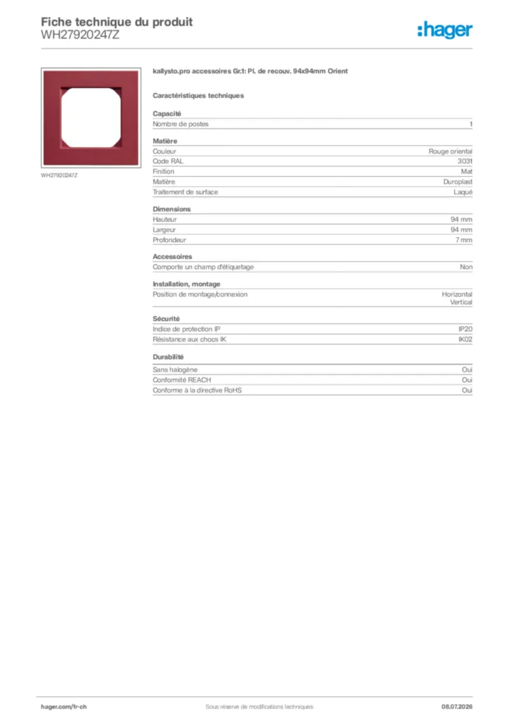 Image Hager Fiche technique du produit WH27920247Z | Hager Suisse