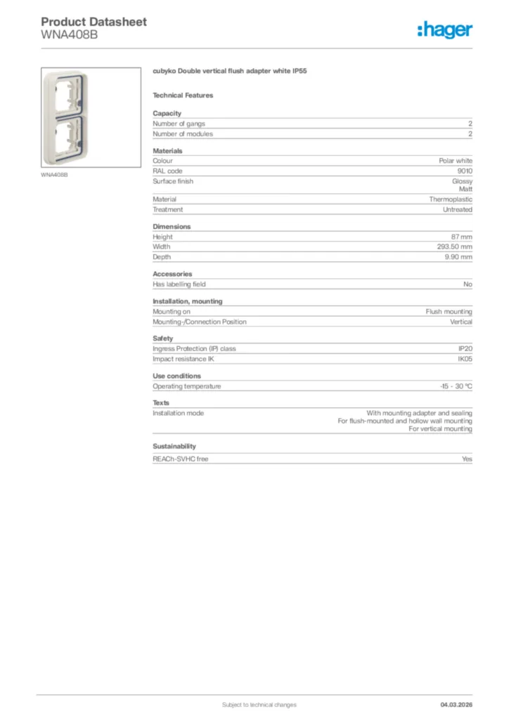 Image Hager Product data sheet WNA408B  | Hager Africa