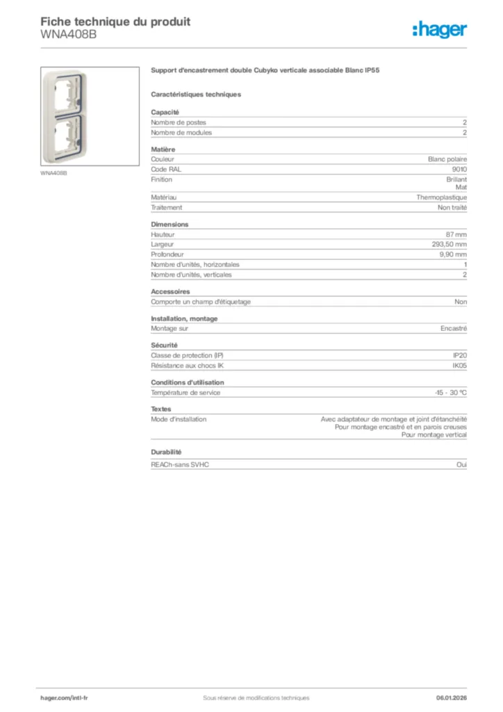 Image Hager Fiche technique du produit WNA408B | Hager Afrique