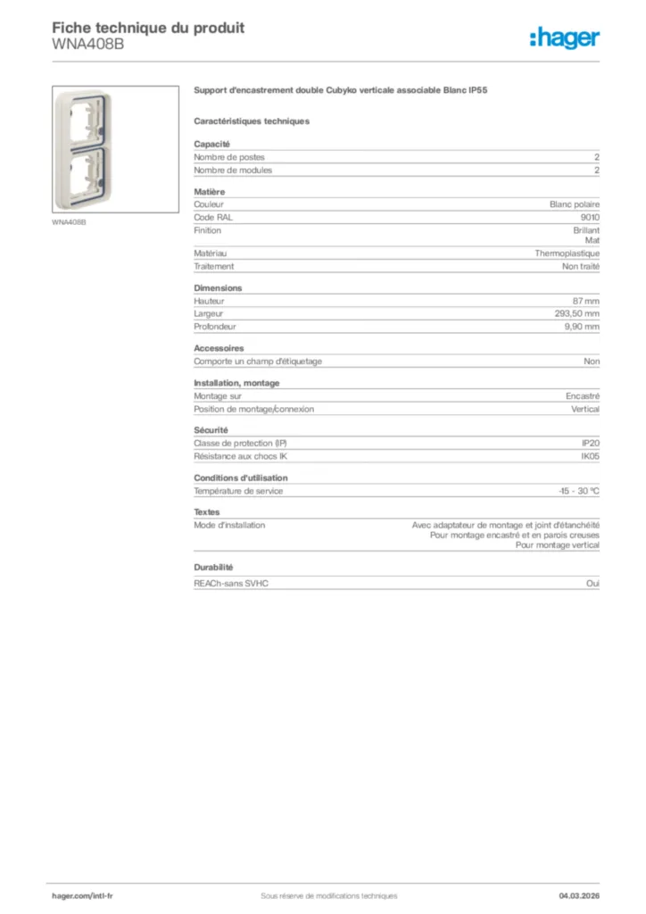 Image Hager Fiche technique du produit WNA408B | Hager Afrique