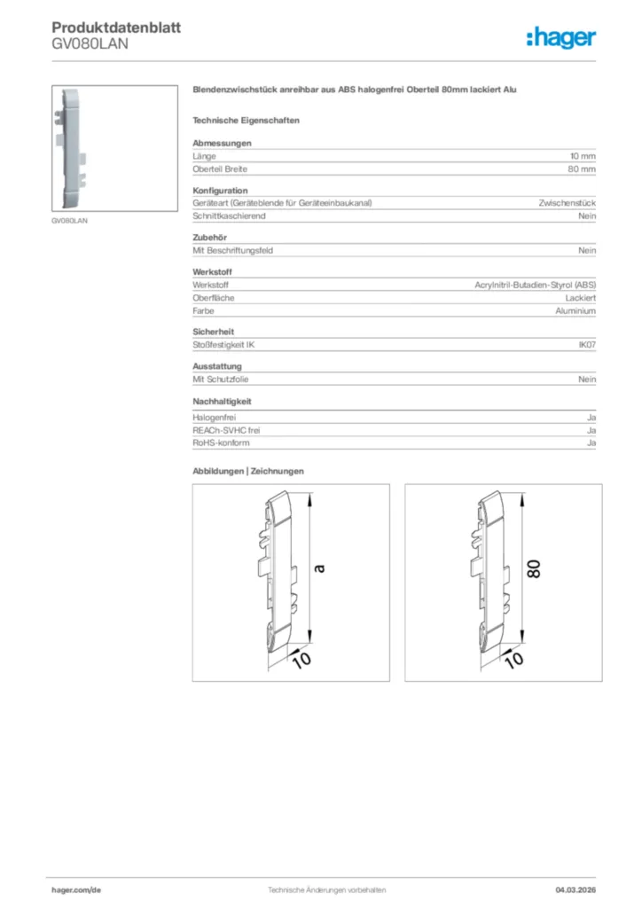 Bild Hager Produktdatenblatt GV080LAN | Hager Deutschland