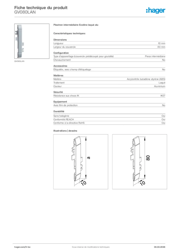 Image Hager Fiche technique du produit GV080LAN | Hager Belgique