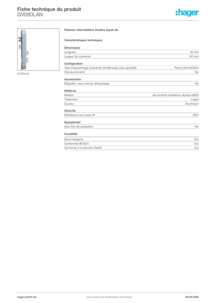 Image Hager Fiche technique du produit GV080LAN | Hager Belgique