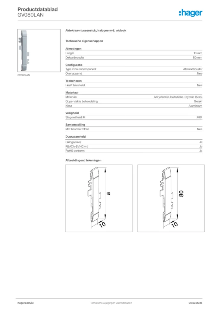 Afbeelding Hager Productdatablad GV080LAN | Hager Nederland