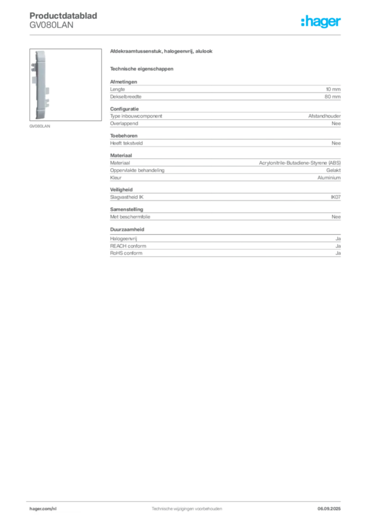 Afbeelding Hager Productdatablad GV080LAN | Hager Nederland
