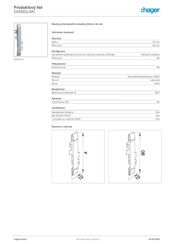 Obrázek Hager Product data sheet GV080LAN | Hager