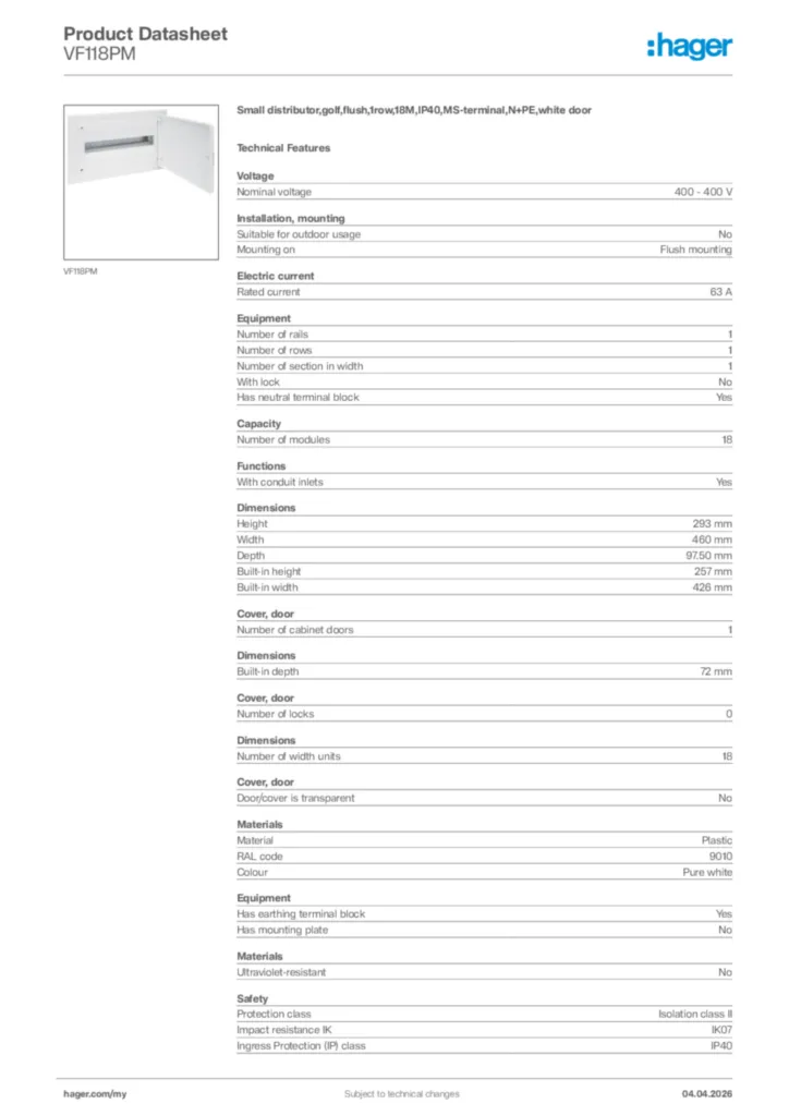 Image Hager Product data sheet VF118PM  | Hager