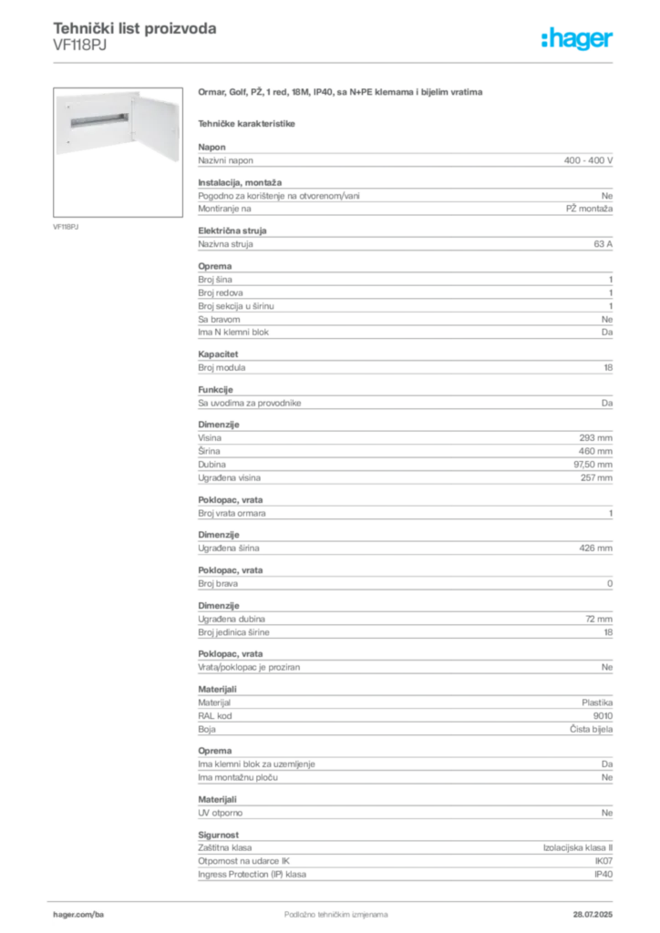 Slika Hager Product data sheet VF118PJ  | Hager
