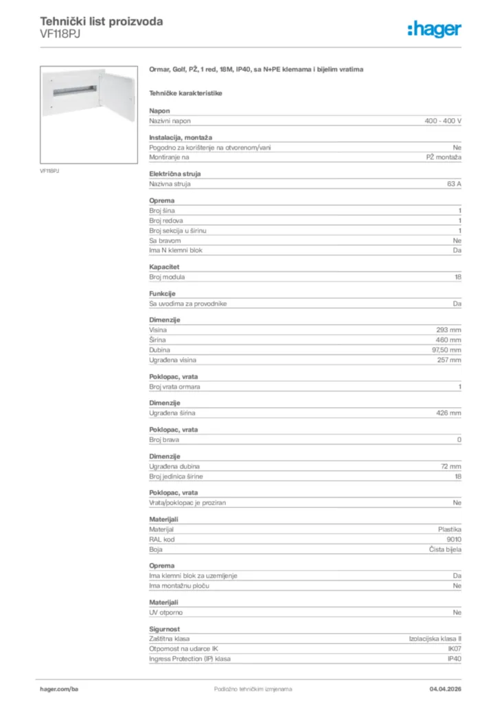Slika Hager Tehnički list proizvoda VF118PJ  | Hager
