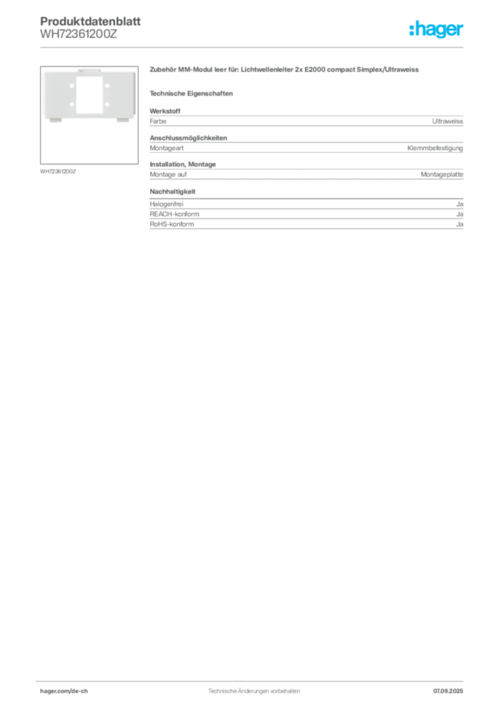 Bild Hager Produktdatenblatt WH72361200Z | Hager Schweiz