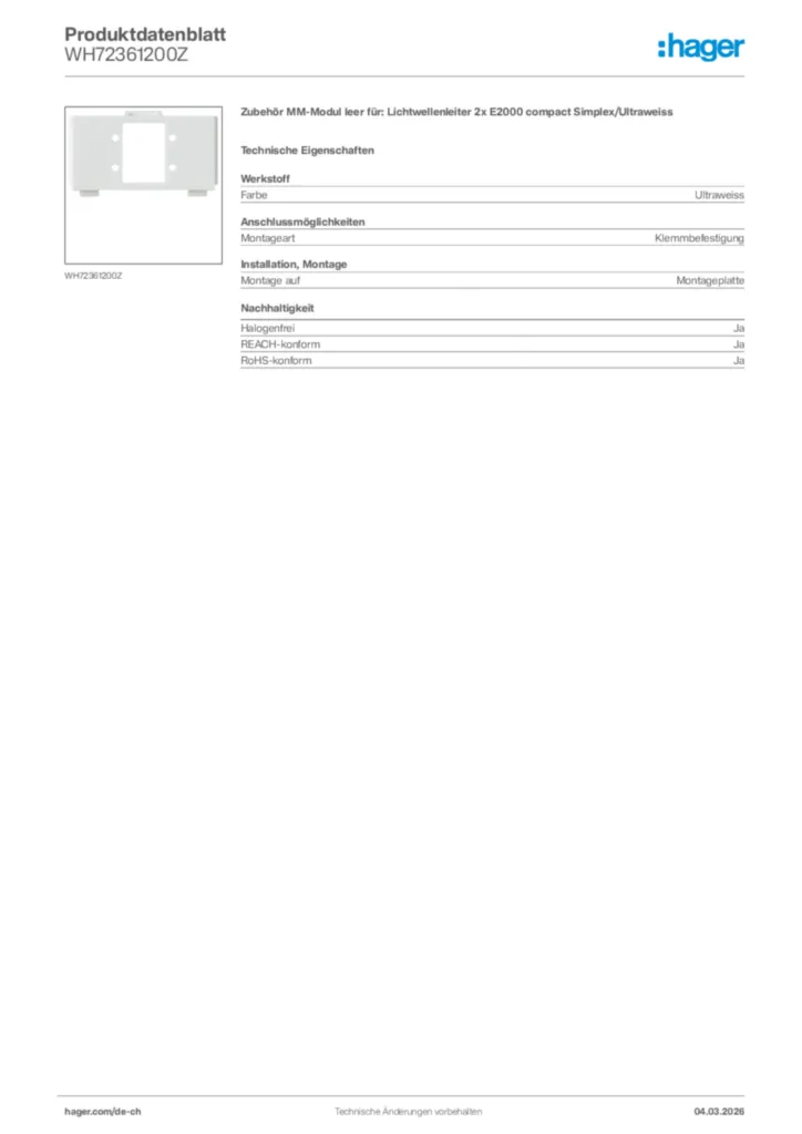 Bild Hager Produktdatenblatt WH72361200Z | Hager Schweiz