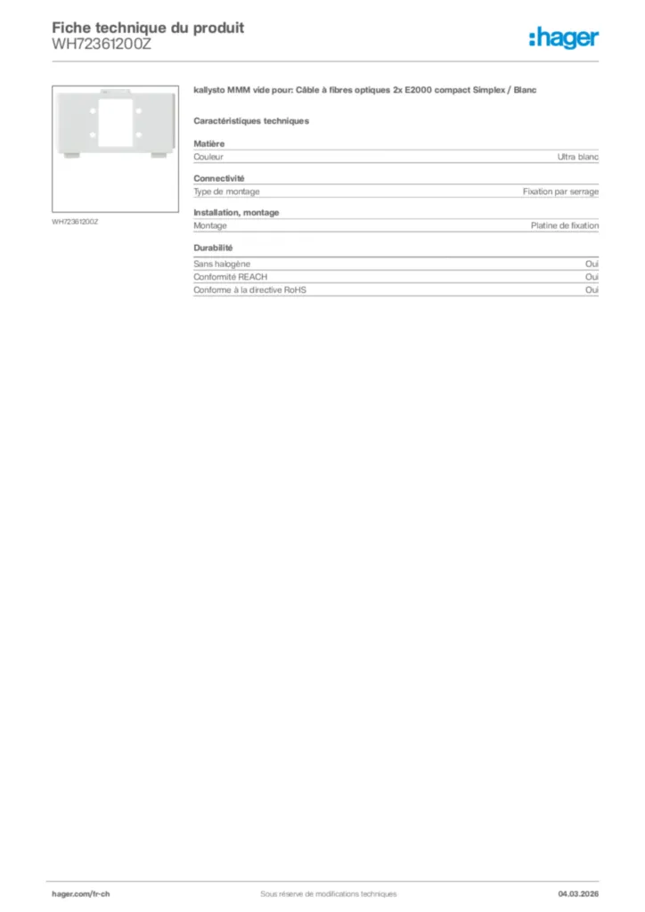 Image Hager Fiche technique du produit WH72361200Z | Hager Suisse