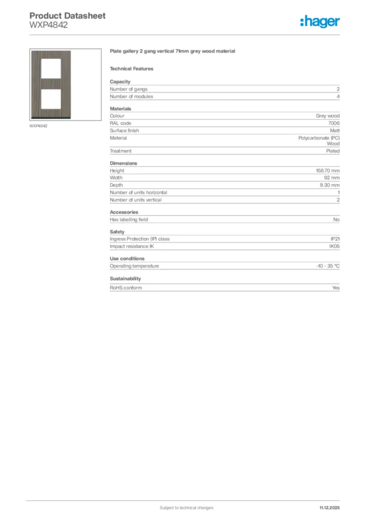 Image Hager Product data sheet WXP4842  | Hager Africa