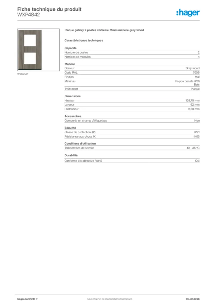 Image Hager Fiche technique du produit WXP4842 | Hager Afrique