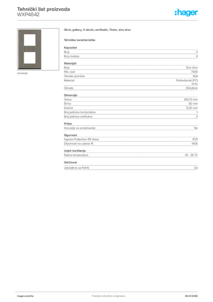 Slika Hager Product data sheet WXP4842  | Hager