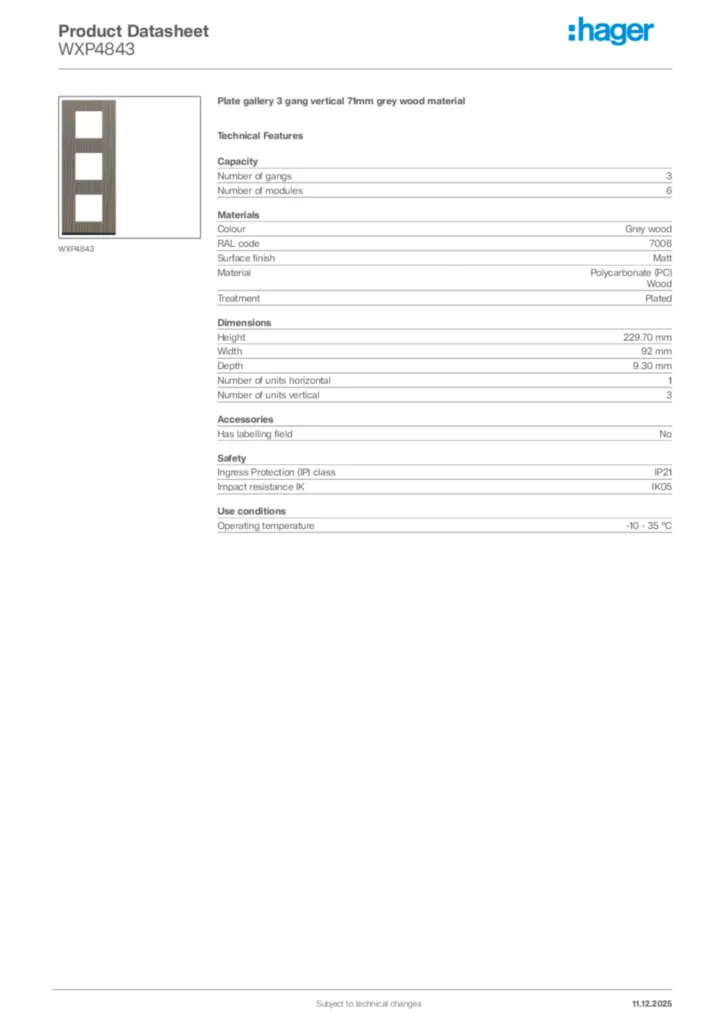 Image Hager Product data sheet WXP4843  | Hager Africa