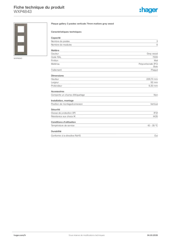 Image Hager Fiche technique du produit WXP4843 | Hager France