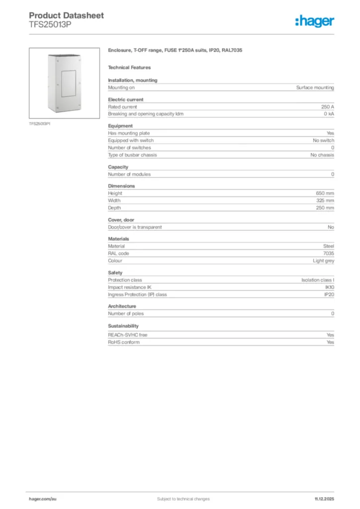 Image Hager Product data sheet TFS25013P  | Hager Australia