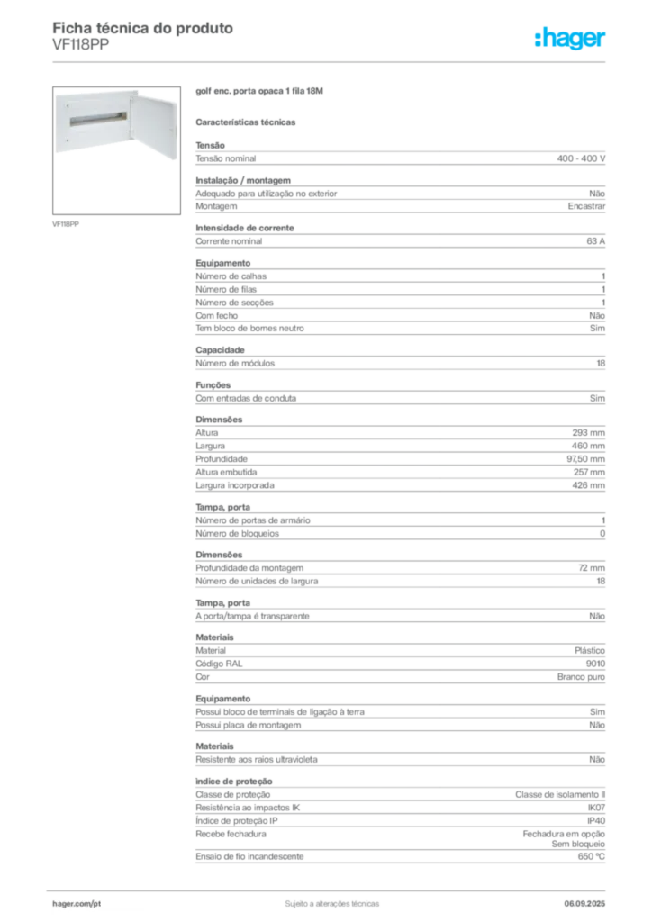 Imagem Hager Ficha técnica do produto VF118PP | Hager Portugal
