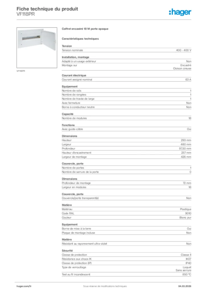 Image Hager Fiche technique du produit VF118PR | Hager France