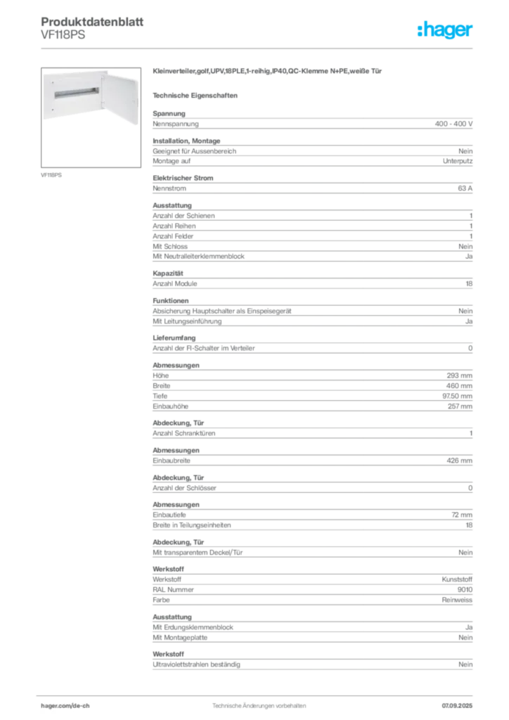 Bild Hager Produktdatenblatt VF118PS | Hager Schweiz