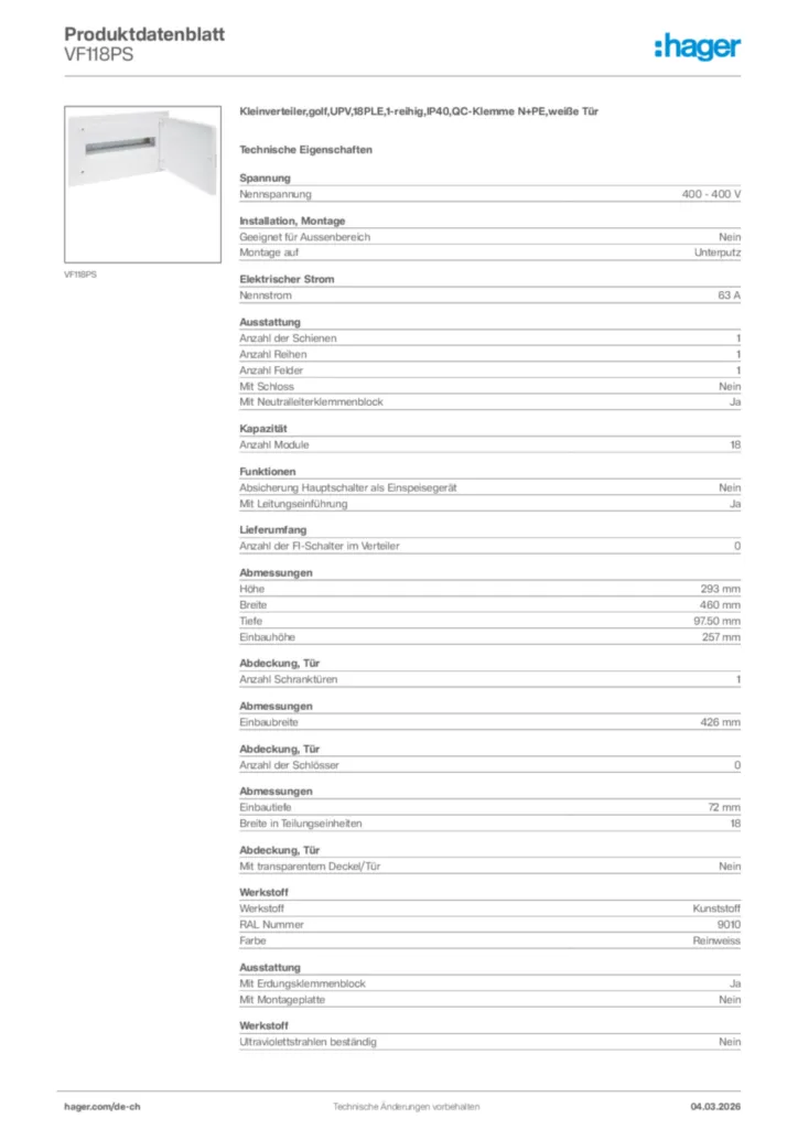 Bild Hager Produktdatenblatt VF118PS | Hager Schweiz