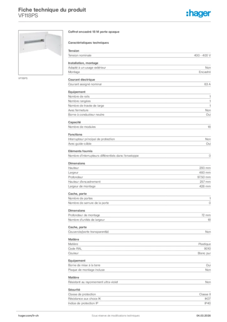 Image Hager Fiche technique du produit VF118PS | Hager Suisse
