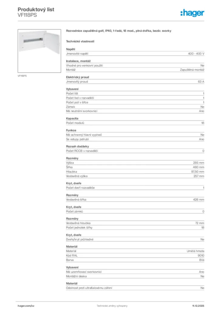 Obrázek Hager Produktový list VF118PS | Hager