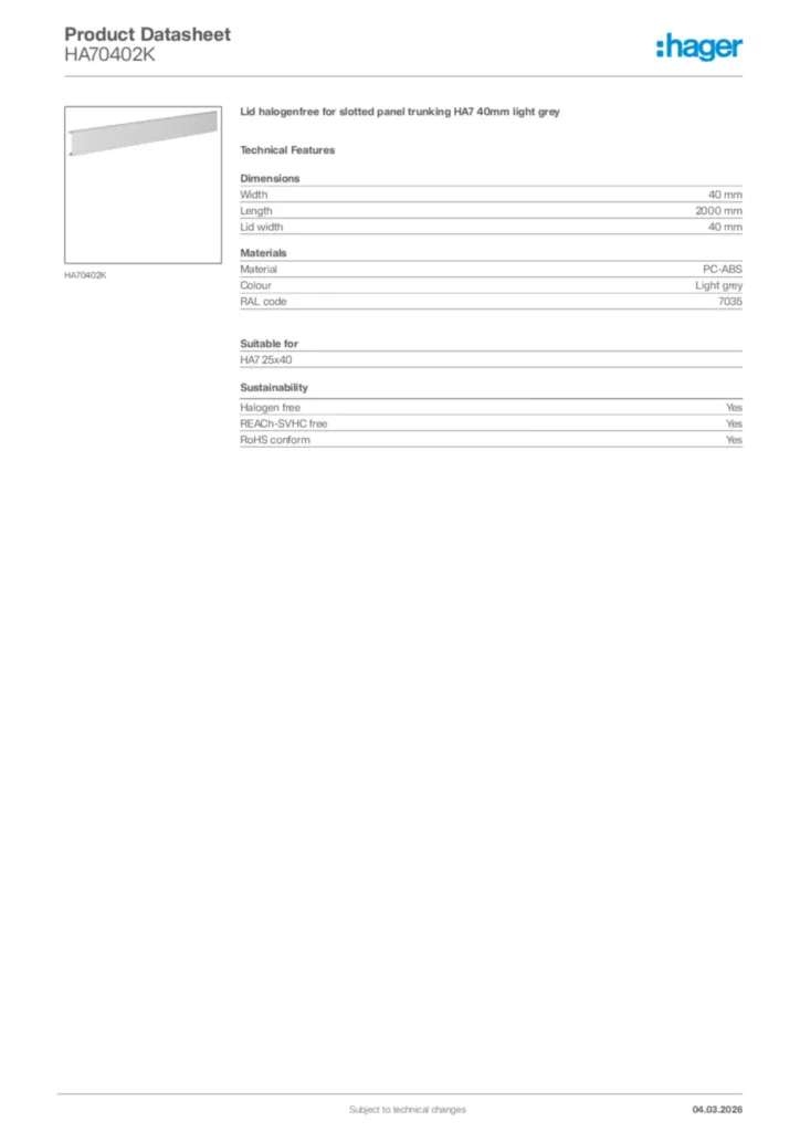 Image Hager Product data sheet HA70402K  | Hager Africa