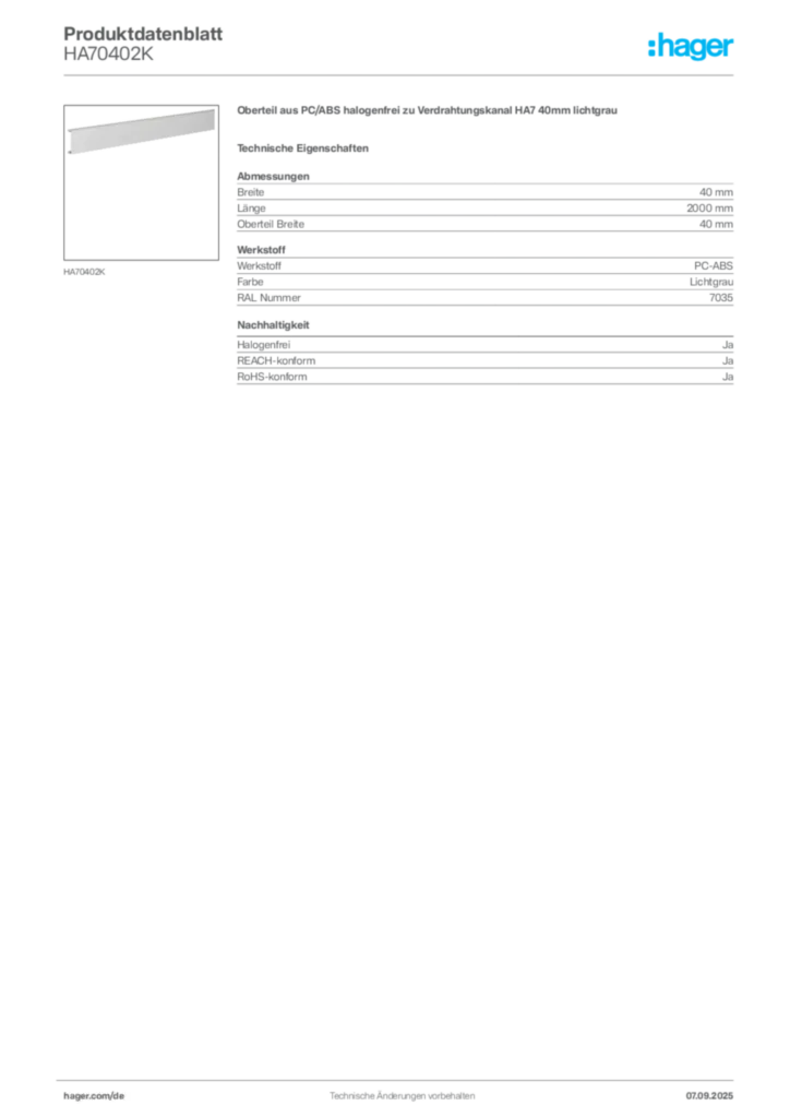 Bild Hager Produktdatenblatt HA70402K | Hager Deutschland